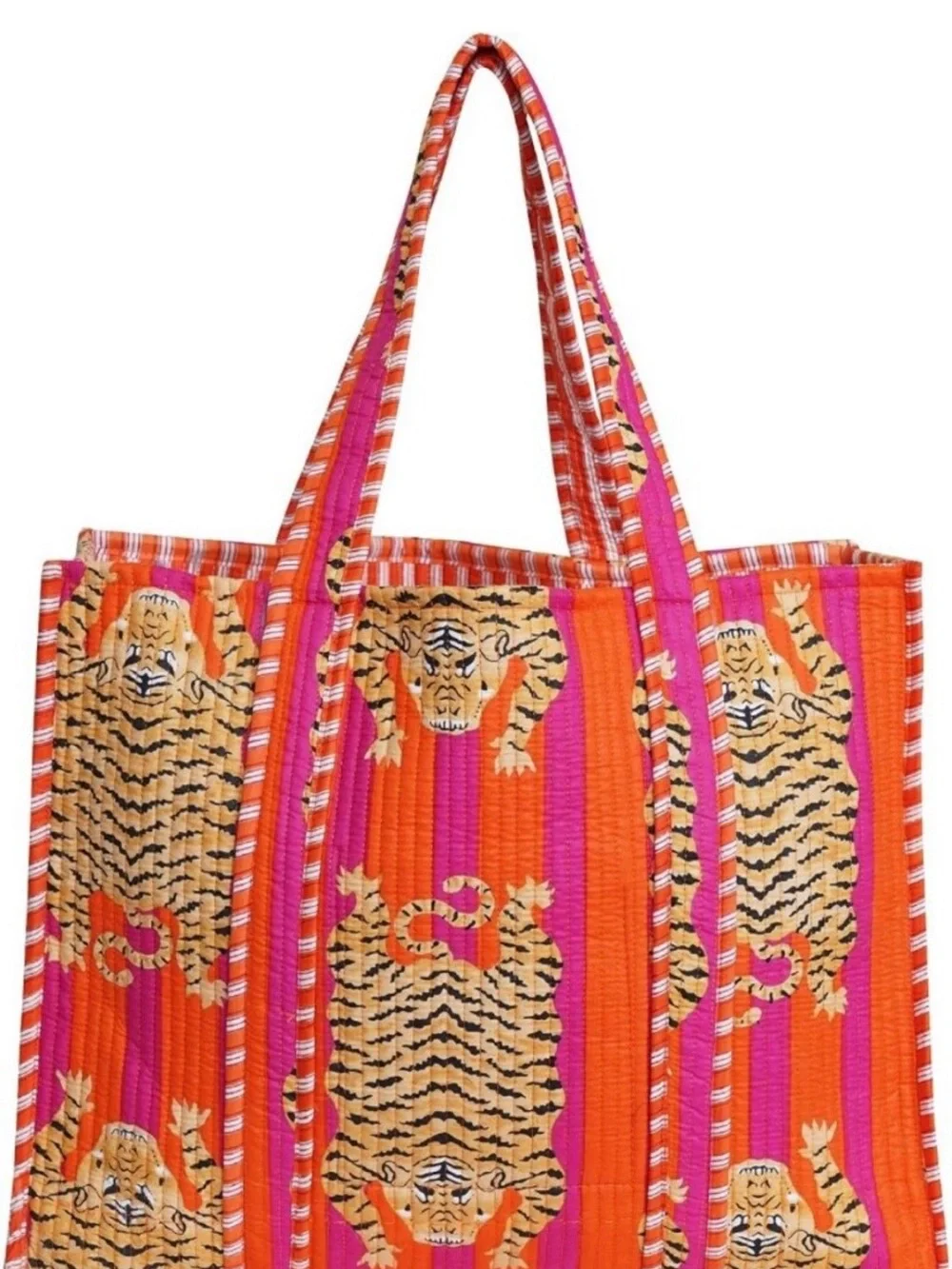 Creative Co-op Artful Orange & Pink Striped Quilted Tiger Tote Bag